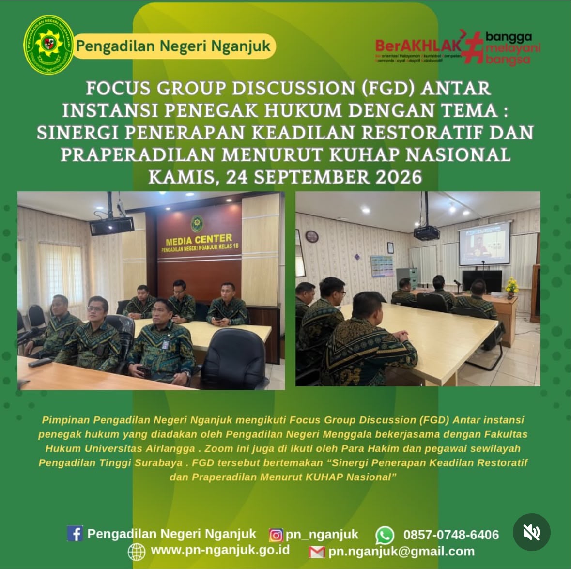 Pimpinan PN Nganjuk Mengikuti Focus Group Discussion Sinergi Penerapan Keadilan Restoratif dan Praperadilan Menurut KUHAP Nasional